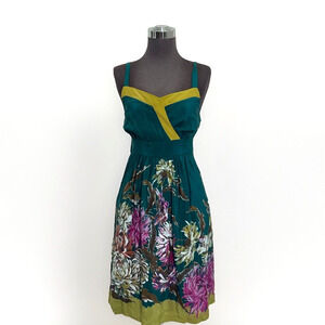 Maeve Impressionist Dream Silk Dress Women 0 Green Floral Fit And Flare Lined